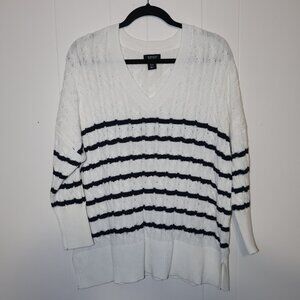 Jones & Co Striped Cable Knit Sweater – Cream Navy V-Neck (Women’s 1X)